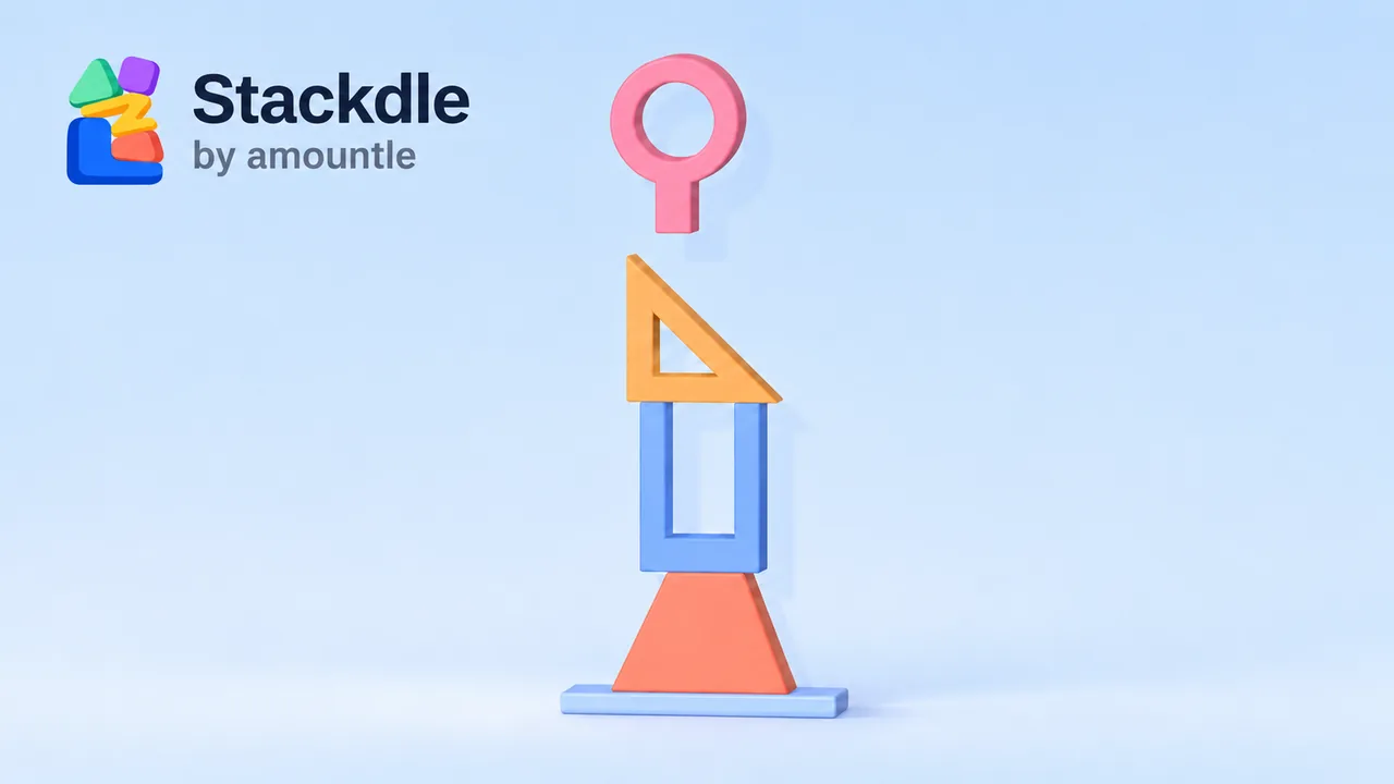A tower of coloured toy shapes balanced on one block, beside the Stackdle logo.