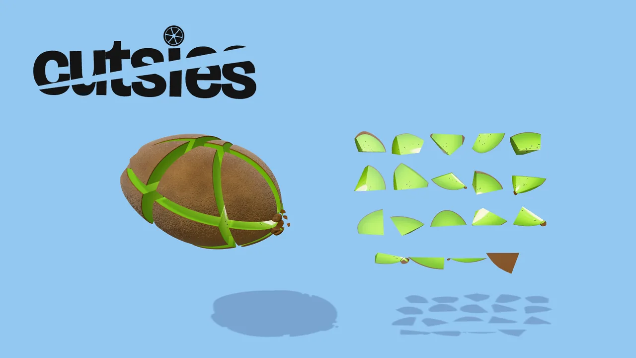 A sliced kiwi and its pieces arranged in a grid, beneath the sliced Cutsies logo.