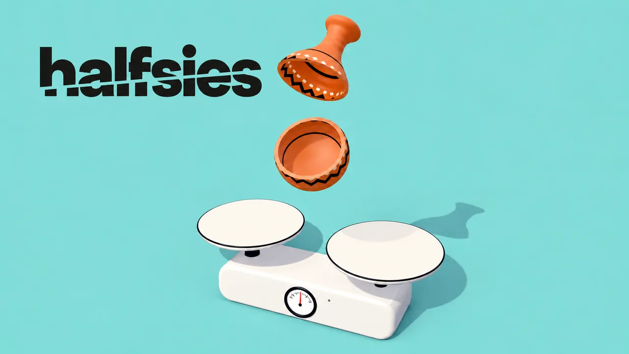 A clay pot cut in two above a white kitchen scale, under the Halfsies wordmark.