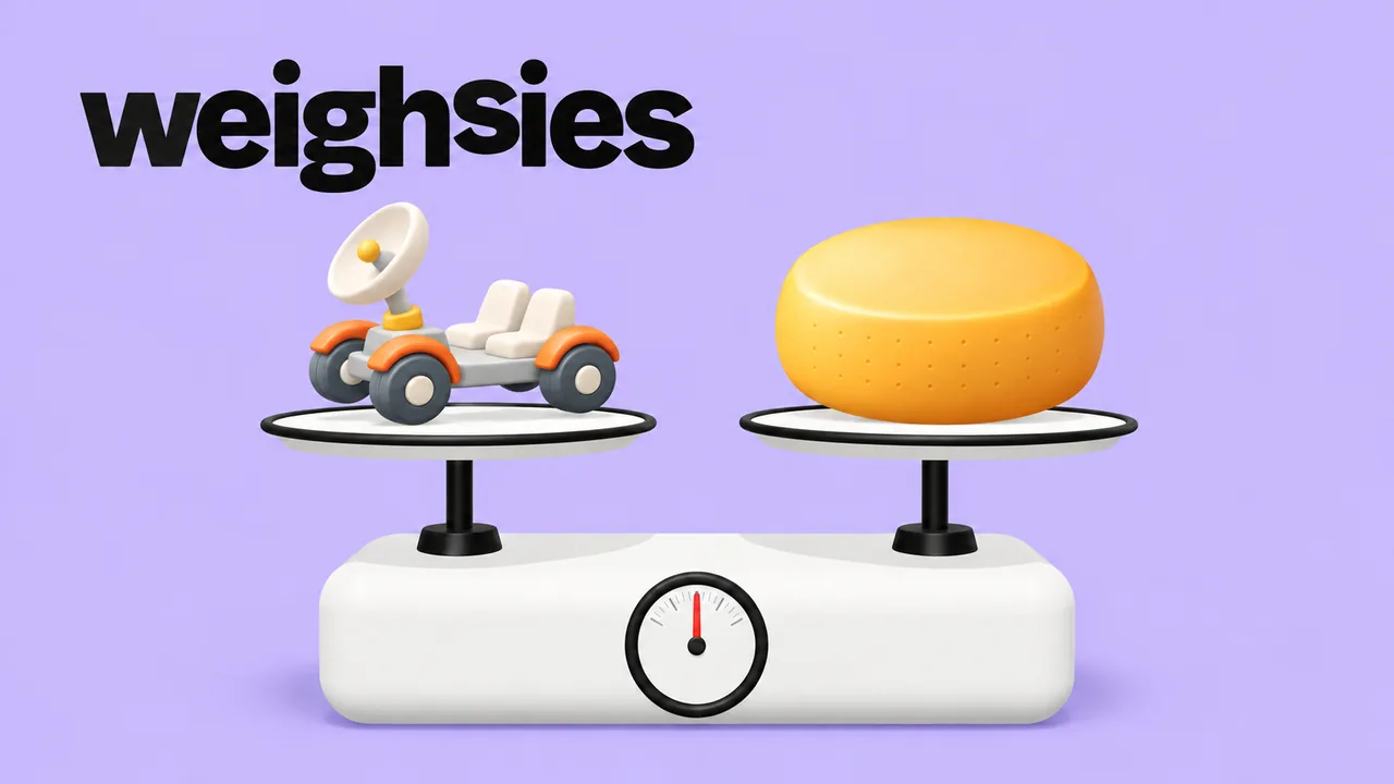 A toy buggy and a wheel of cheese on a two-pan scale, under the Weighsies wordmark.